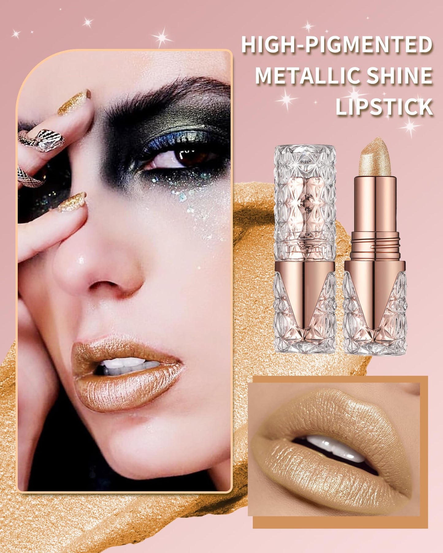 Caedelfly Glitter Metallic Shimmer Brown Lipstick Long Lasting,Diamond